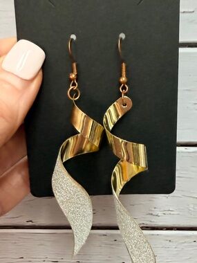 Gold and Silver Twisted Ribbon Drop Earrings - Women Jewelry